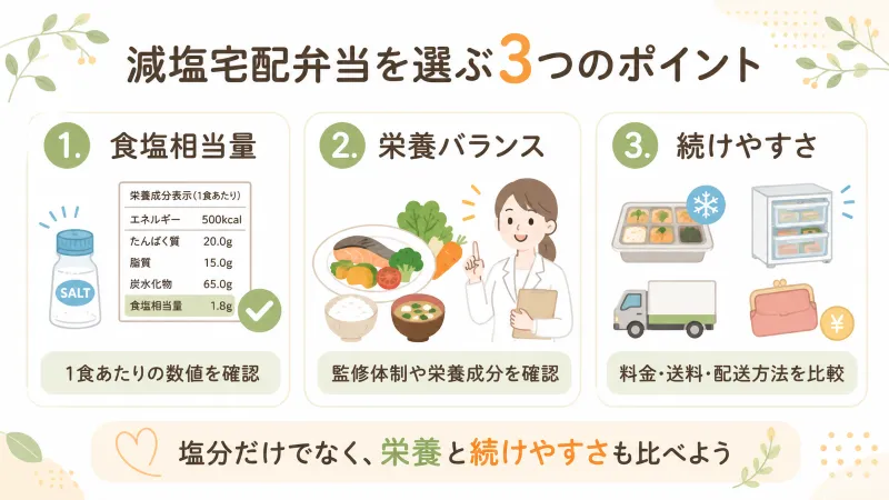減塩宅配弁当を選ぶ3つのポイント