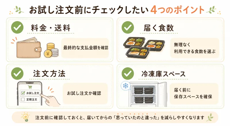 「料金・送料」「食数」「お試し注文か定期注文か」「冷凍庫スペース」の4項目をチェックリスト形式で整理した図解