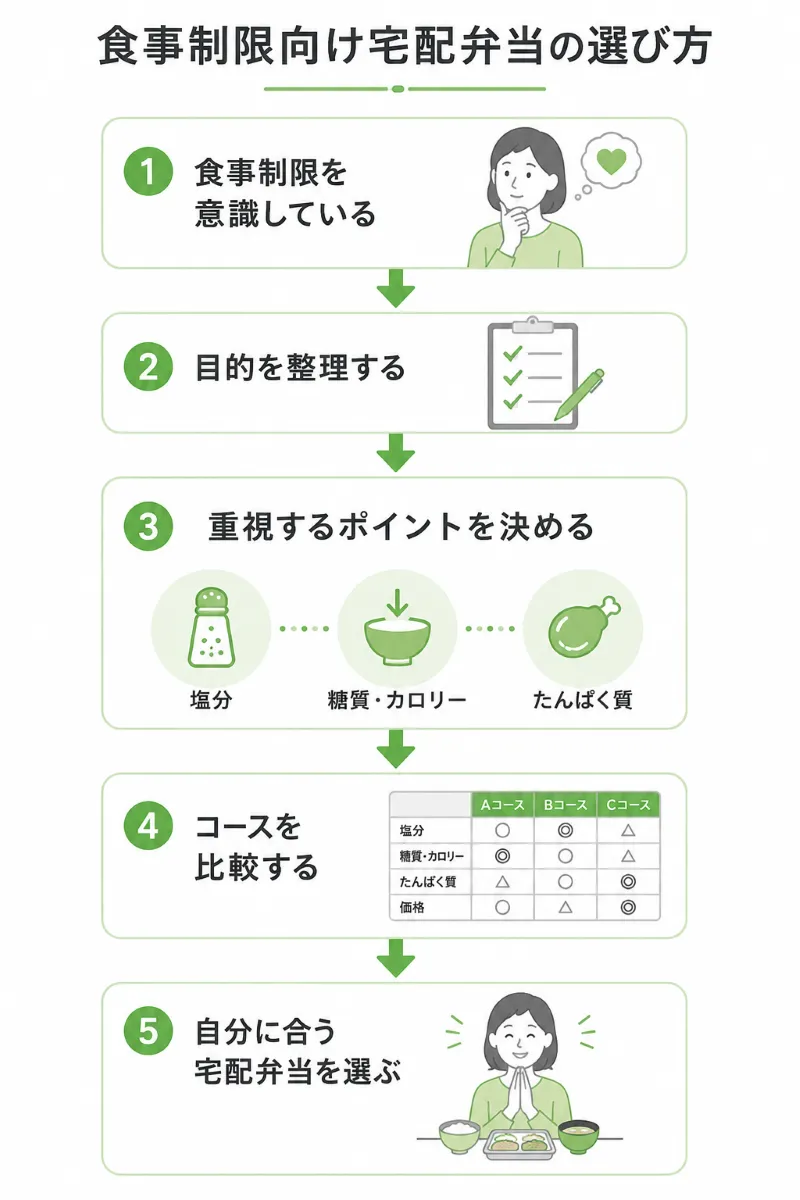 食事制限向け宅配弁当を選ぶ流れ